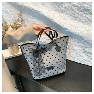Sac Fourre-Tout À Pois Pour Femme Grande Capacité Sac À Main En Tissu Avec Décoration De Nœud En Dentelle Sac À Épaule Tendance