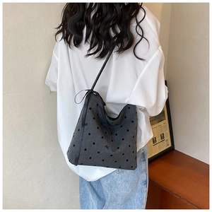 Grey polka dot bucket bag with ribbon bow, minimalist Japanese style shoulder bag for women