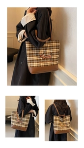 Detail showing checkered canvas tote with dachshund embroidery and versatile strap options
