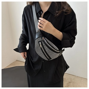 Luxury black rhinestone waist bag for women with stylish chevron pattern strap