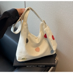 Women Canvas Heart Patch Tote Bag Large Capacity Shoulder Hobo Bag Contrast Color Casual Korean Style Handbag With Small Pouch
