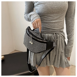 Fashionable black crossbody chest bag for women with sparkling silver rhinestones