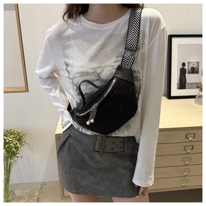 Chic black rhinestone crossbody waist bag with wide strap and pearl chain detail