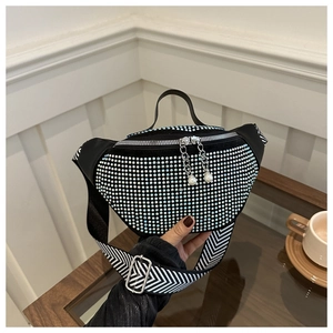 Rhinestone Waist Bag Women PU Leather Chest Crossbody Handbag With Wide Herringbone Strap Sparkling Artificial Pearl Zipper Pull