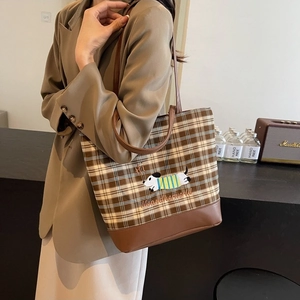 Brown checkered tote bag with cartoon dog embroidery for stylish daily commuting