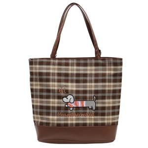 Classic brown plaid tote bag with dachshund embroidery and stylish leather handles