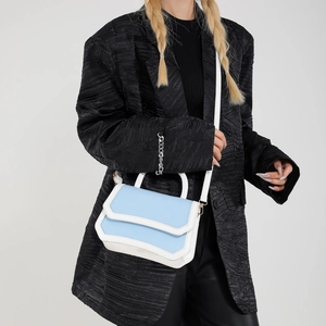 Blue and white color block crossbody handbag with gold hardware for women