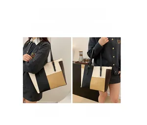 Detail of color-block tote bag showing both shoulder and handheld carrying styles
