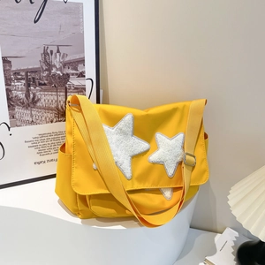 Cute Preppy Style Nylon Messenger Bag Large Capacity Star Patch Shoulder Bag Crossbody Tote For Students School Commute Women