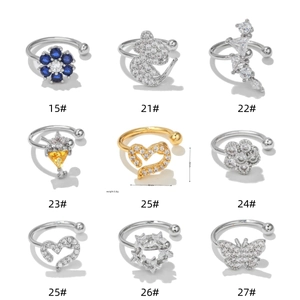 Set of 9 minimalist 18K gold and silver ear cuffs with diverse floral and cubic zirconia motifs