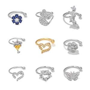 Elegant set of 9 non-piercing silver ear cuffs with 18K plating and zirconia stones