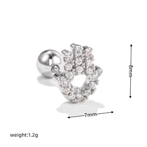 Detailed view of silver Hamsa stud earring with clear zircons and size measurements