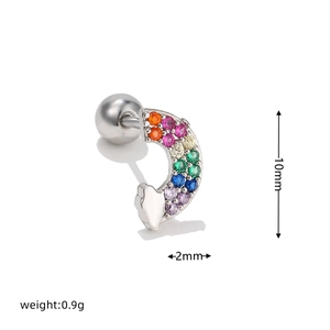 Macro detail of rainbow zircon helix stud earring with silver metal and cloud motif