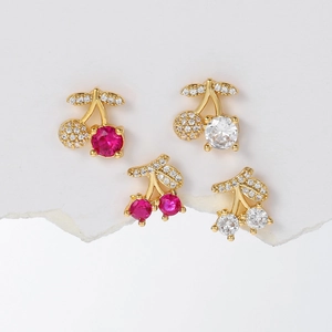 Exquisite 18k gold plated cherry stud earrings with micro-pave crystals and red gems