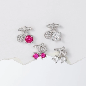 Sparkling 18k gold plated cherry stud earrings with pink and clear zircon stones