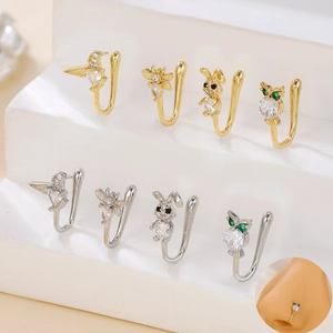 Faux piercings de nez animaux avec colibris et lapins en ensemble doré et argenté