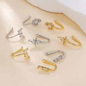 18K gold plated U-shaped non-piercing nose clips with inlaid zircons in gold and silver