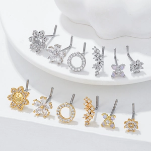 L-Shaped Nose Studs Stainless Steel Copper Cubic Zirconia Sunflower Flower Smile Face Cross Piercing Jewelry Body Accessory