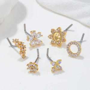 6pcs set of gold stainless steel L-shaped nose studs with diverse zircon flower designs