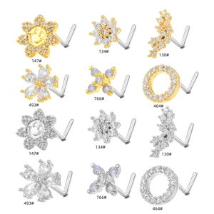 L-shaped sunflower nose studs with cubic zirconia in gold and silver stainless steel