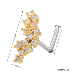 L-shaped gold nose stud with sparkling cubic zirconia flowers and detailed dimensions