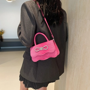 Retro fuchsia crocodile pattern square handbag with sparkling crystal bow decoration