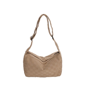Khaki checkered crossbody bag with adjustable strap and pillow shape on white background