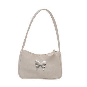 Chic cream faux leather baguette bag with a silver metal butterfly ornament and slim strap