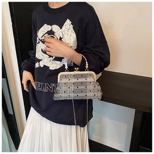 Detail of gray plaid shell bag with black polka dot mesh and golden chain strap