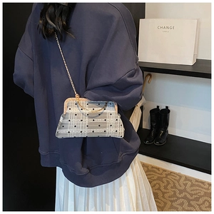 Detailed view of checkered polka dot shell bag with gold chain and handle