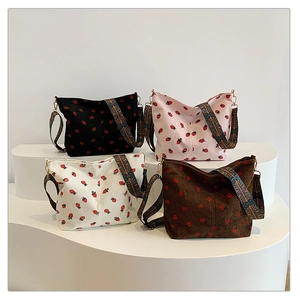 Women Corduroy Strawberry Print Large Capacity Tote Bag With Ethnic Bohemian Wide Adjustable Shoulder Strap Crossbody Bag
