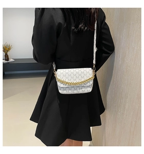 Chic white crossbody bag with M-letter pattern and decorative gold chunky chain