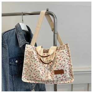 Floral canvas tote bag with double handles and adjustable strap in Korean style
