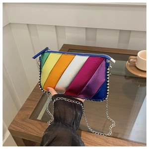 Rainbow Metallic Stripe Crossbody Bag PU Leather Splicing Rivet Decor Silver Chain Shoulder Square Bag For Women