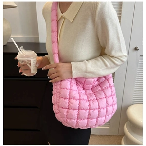 Pink quilted puffer tote bag with wide strap, fashionable large capacity hobo cloud handbag