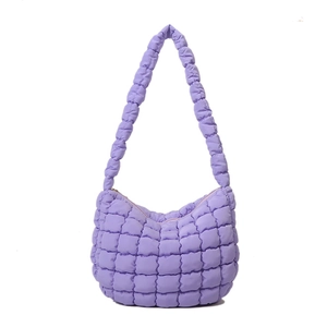 Lavender quilted cloud tote bag with puffy bubble texture and adjustable shoulder strap
