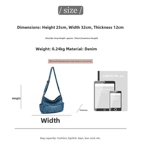 Denim tote bag size guide showing dimensions 32x23x12cm and capacity for iPad and phone