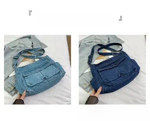 Detailed comparison of light blue and dark blue denim crossbody bags with front flap pockets