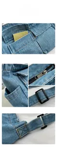 Detailed views of light blue denim tote bag features like metal zippers and pockets