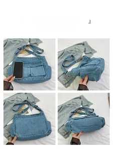 Detailed views of denim crossbody bag showing multi-pocket design and internal storage capacity