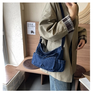 Retro denim crossbody bag with multiple pockets and large capacity for women