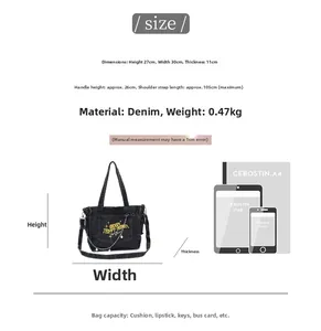 Size guide for washed denim tote showing dimensions and capacity with iPad comparison