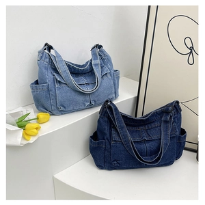 Large Capacity Denim Tote Bag Multi-Pocket Vintage Washed Crossbody Shoulder Bag For Women Retro Casual Streetwear