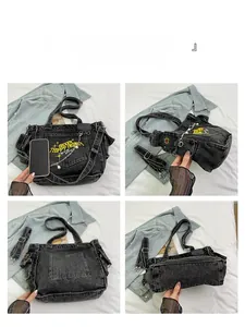 Detailed views of vintage denim tote bag featuring yellow embroidery and pearl chain accents