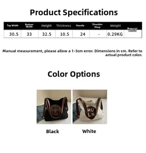 Detailed size specifications for a canvas tote bag showing dimensions and logo detail