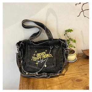 Washed Denim Tote Bag Large Capacity Embroidery Retro Streetwear Crossbody Shoulder Handbag Artificial Pearl Chain For Women