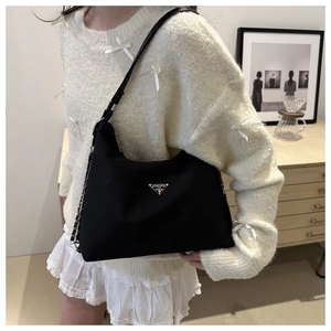 Classic black nylon hobo bag for women with silver chain and leather shoulder strap