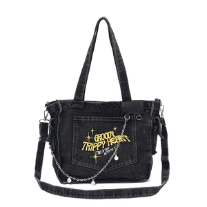 Vintage wash denim shoulder bag with embroidery and pearl metal chain strap detail