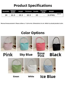 Size chart showing lightweight bucket bag dimensions and seven candy color variations
