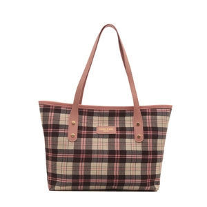 Pink and brown checkered large capacity tote bag with dual handles and metal rivets